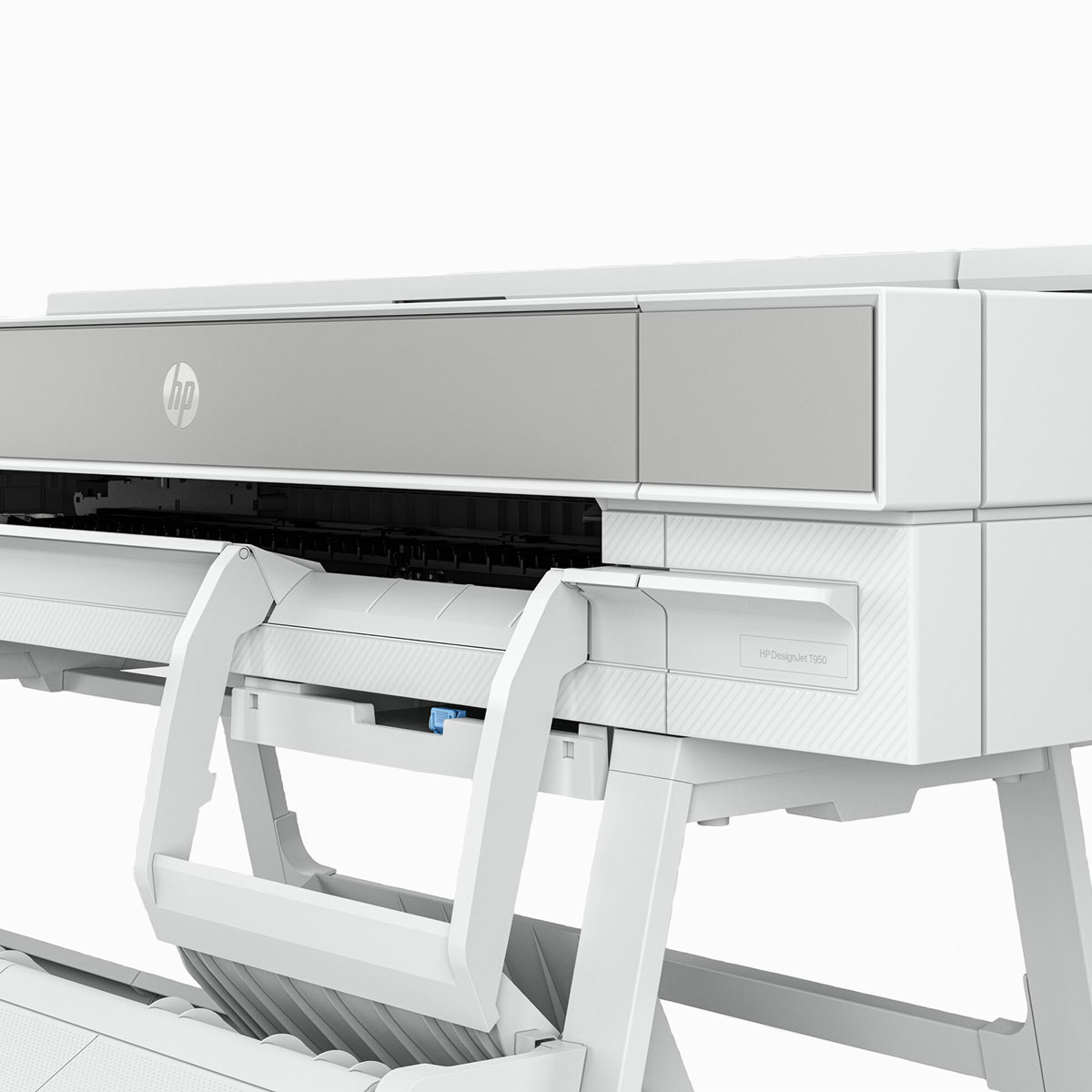 HP DesignJet XT950 wide-format printer showing output tray and precision-engineered components in a modern white finish.