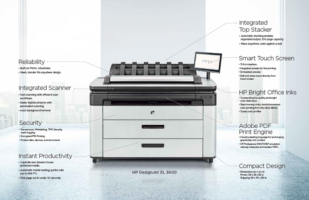 HP DesignJet XL 3600 walkaround view highlighting printer features including integrated scanner, touch screen, top stacker, security, and productivity specs.