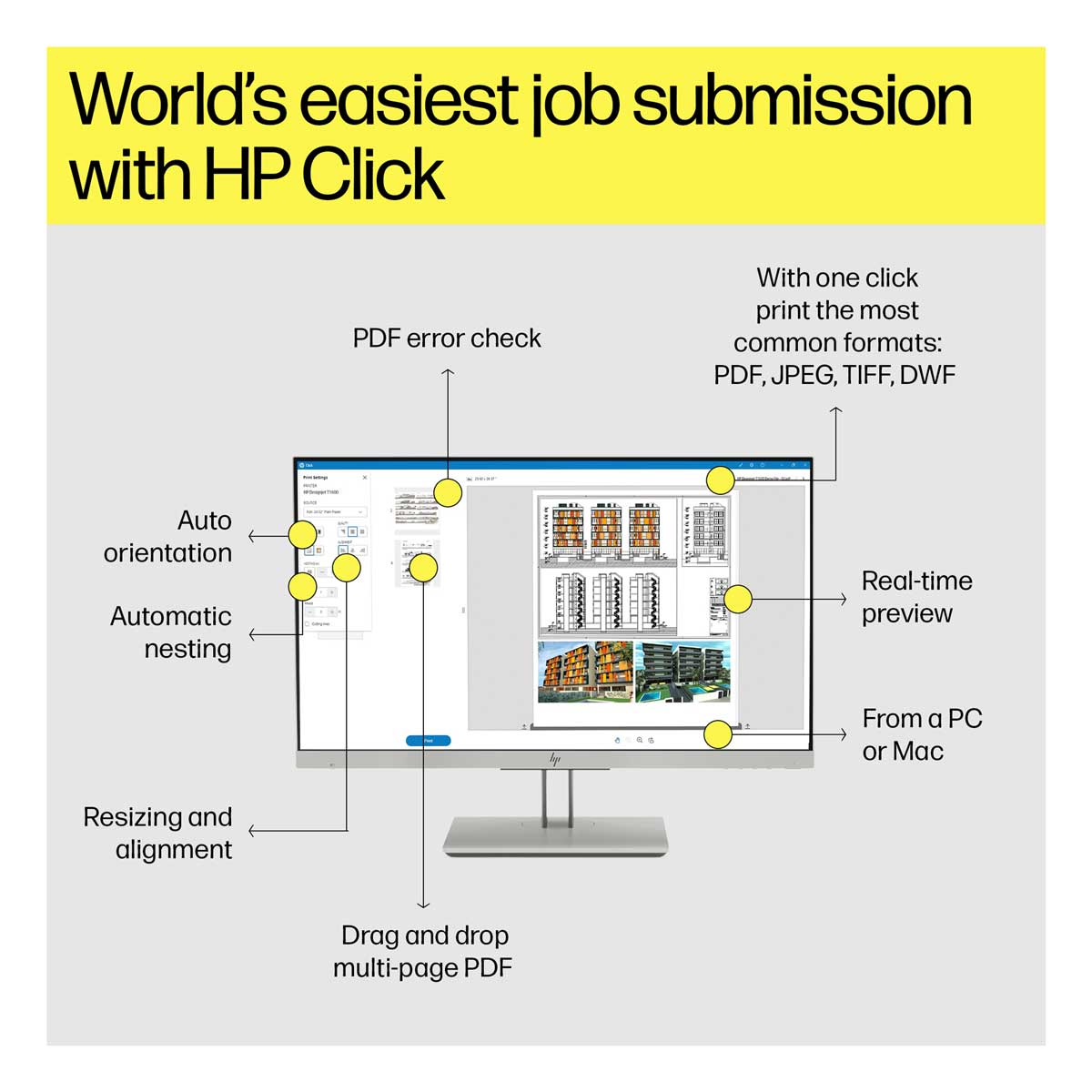 HP DesignJet T1600 & T2600 job submission interface with HP Click software showing preview, nesting, error check, and resizing tools.