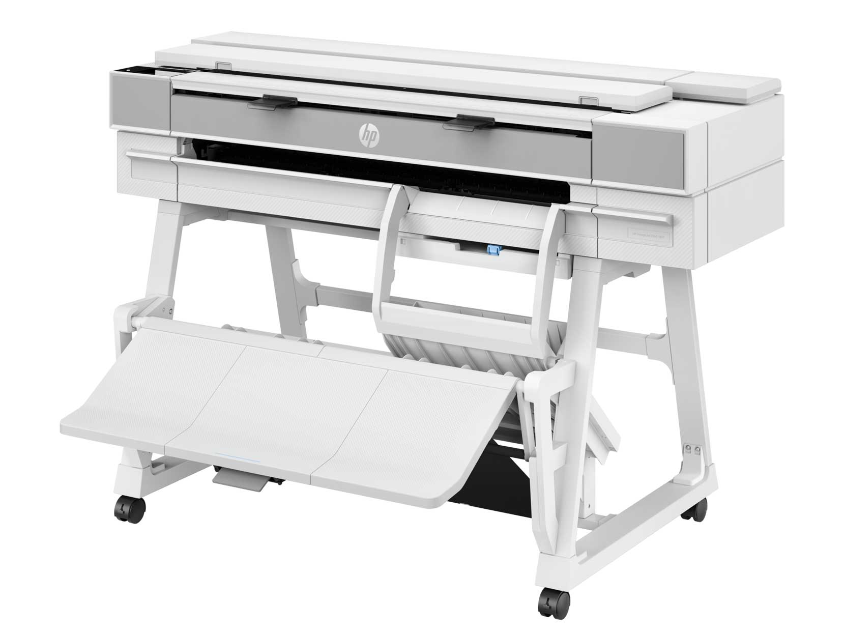 HP DesignJet XT950 wide-format printer, featuring sleek design and built-in paper collection tray for efficient output.