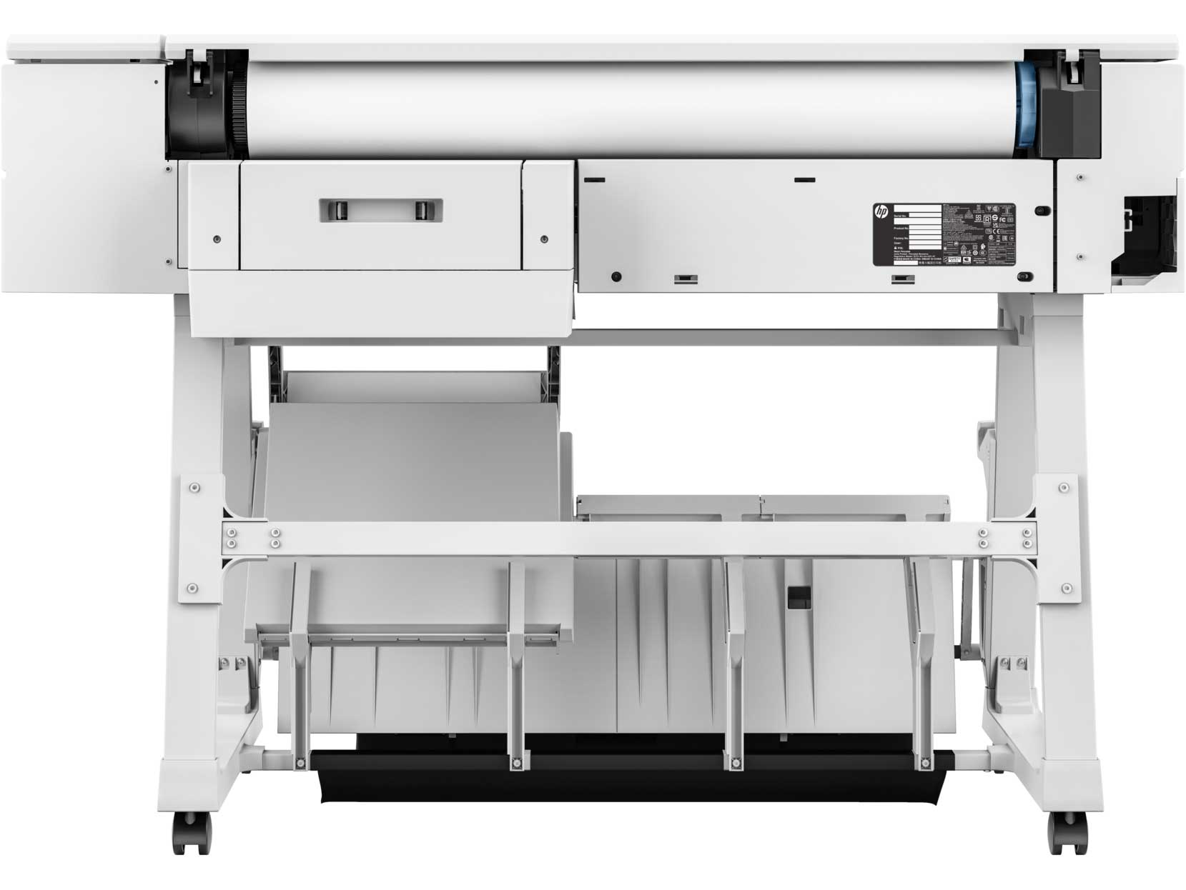 HP DesignJet XT950 rear view of a large-format printer, highlighting the paper roll feed system, rear access panel, and efficient output catch tray.