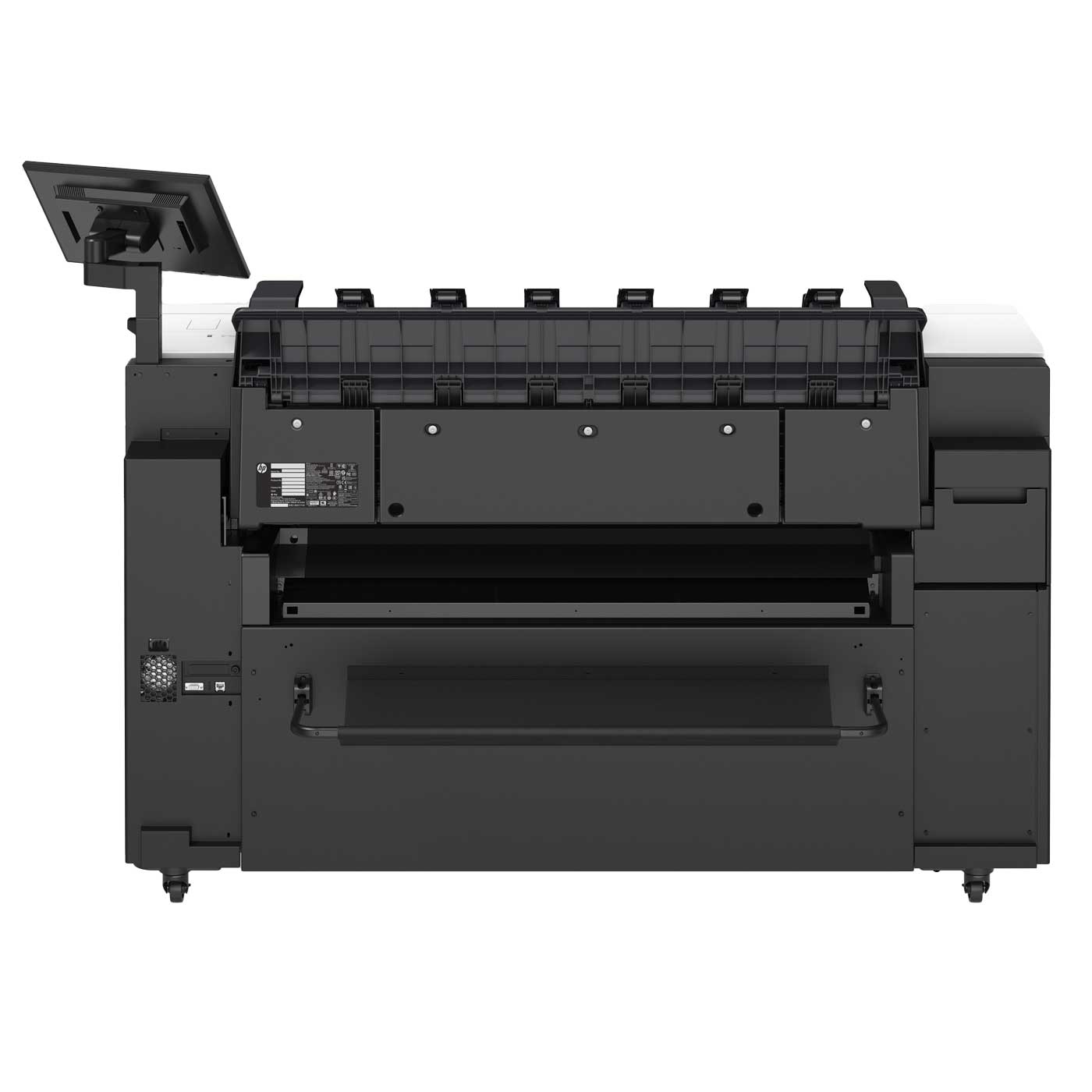 HP DesignJet XL 3800 rear view showcasing maintenance access panel, cable ports, and rear loading area for large-format printing functionality.