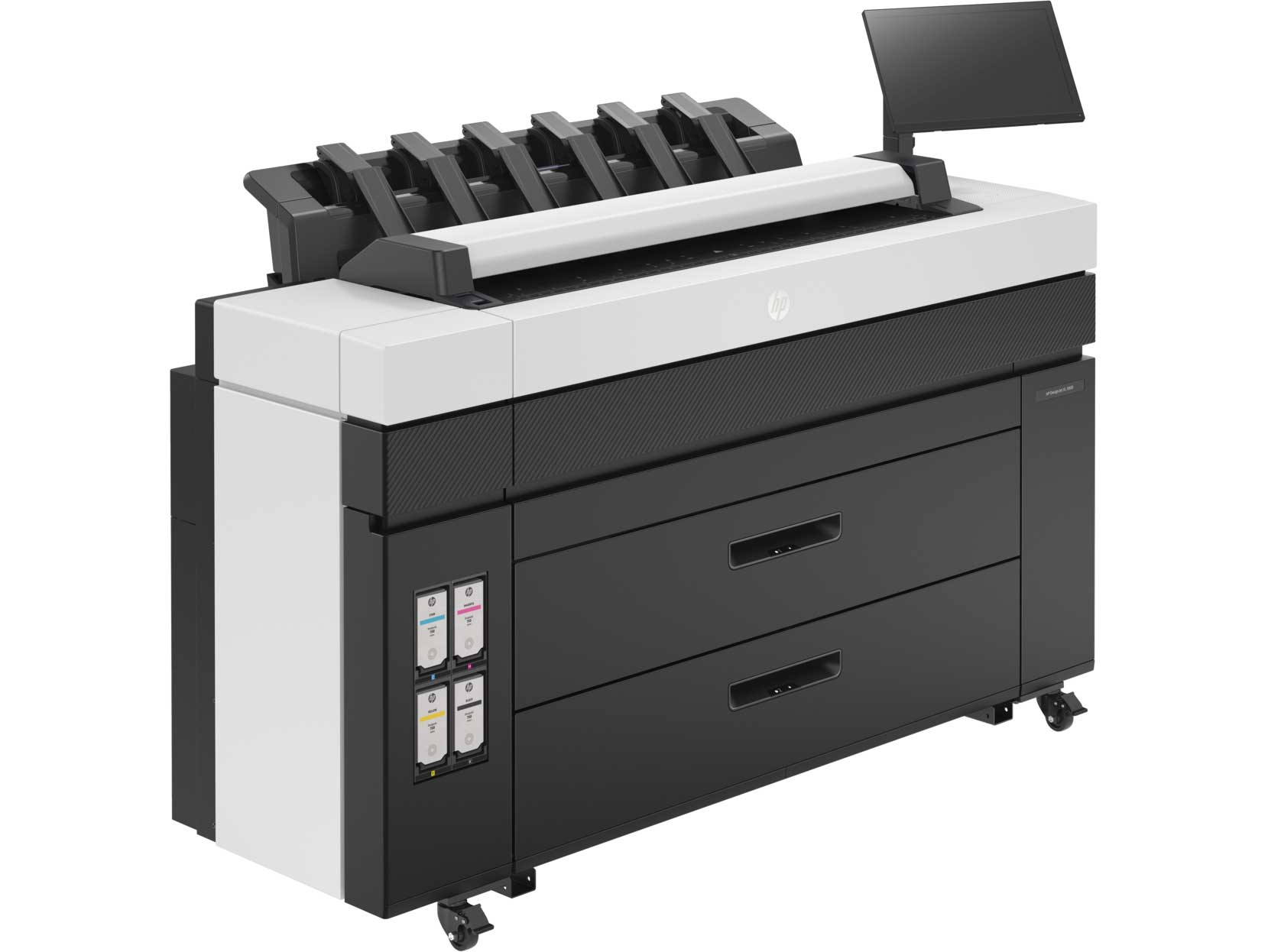 HP DesignJet XL 3800 printer angled right, featuring touchscreen display, dual drawers, and visible ink cartridges for professional wide-format printing.