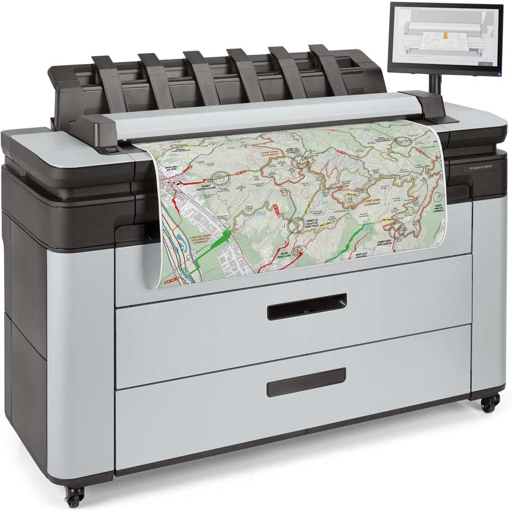 HP DesignJet XL 3600 right-facing view printing a detailed topographic map, showcasing high-resolution color output and user-friendly touchscreen controls.