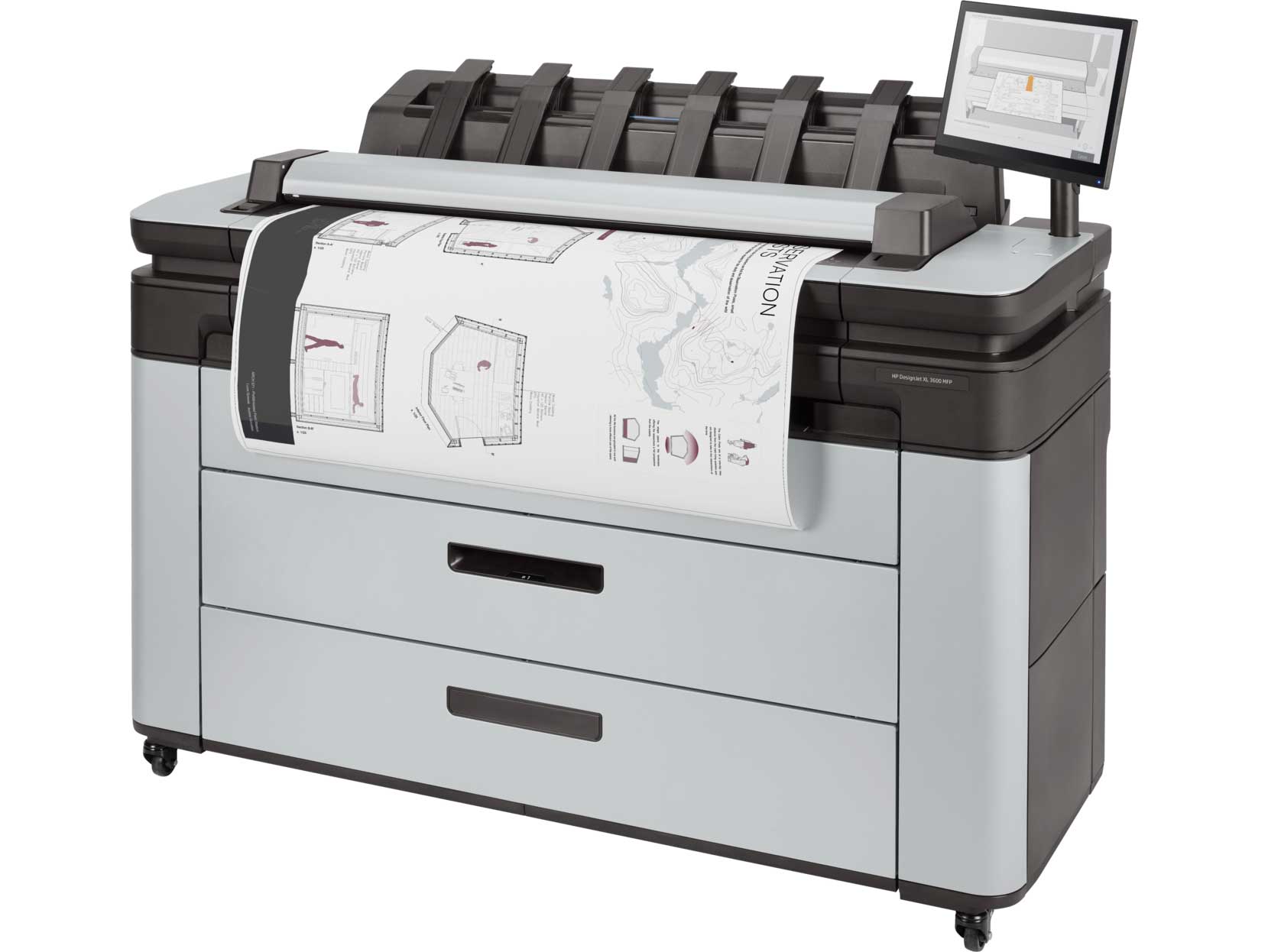 HP DesignJet XL 3600 left facing view of a machine printing technical drawings with precision output tray.