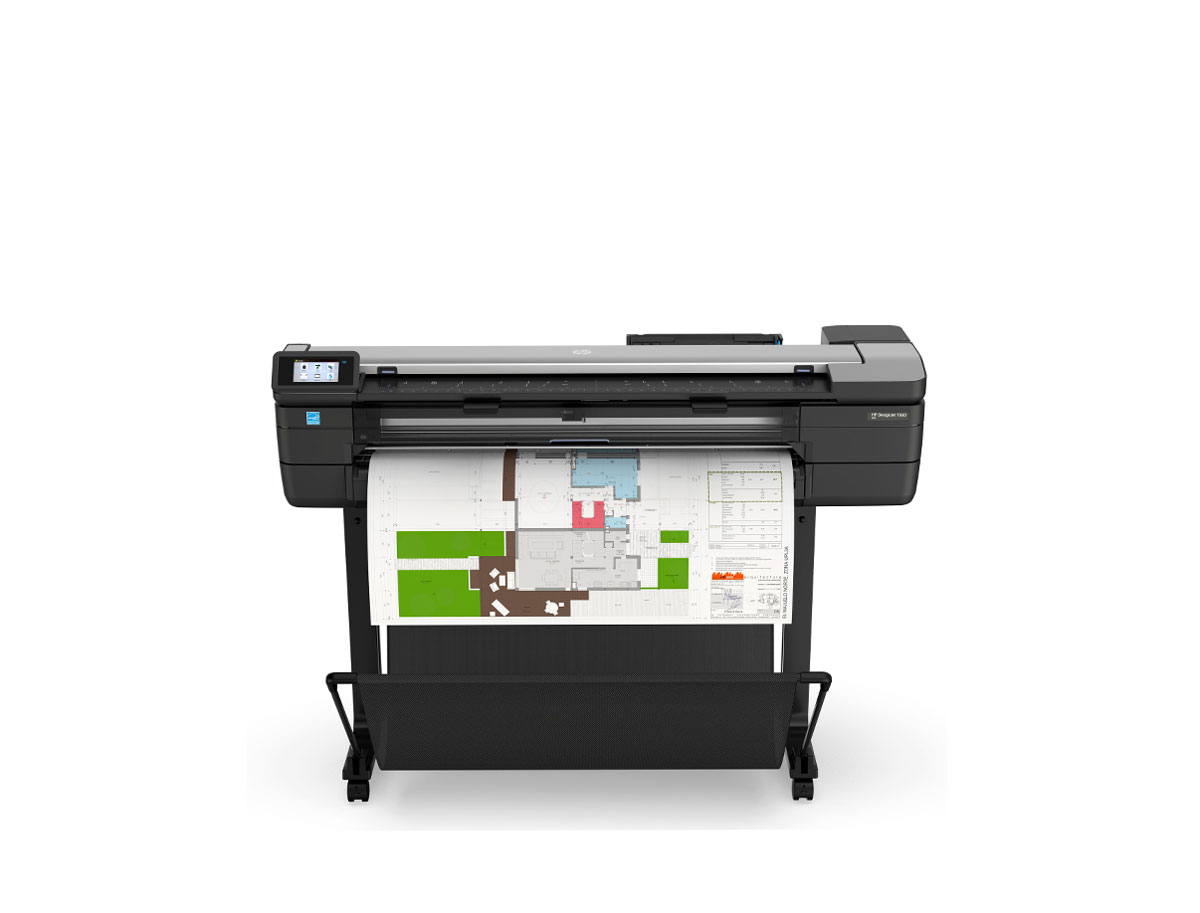 HP® DesignJet® T830 Printer with touchscreen and color blueprint output, designed for mobile, scanning, and technical document workflows.