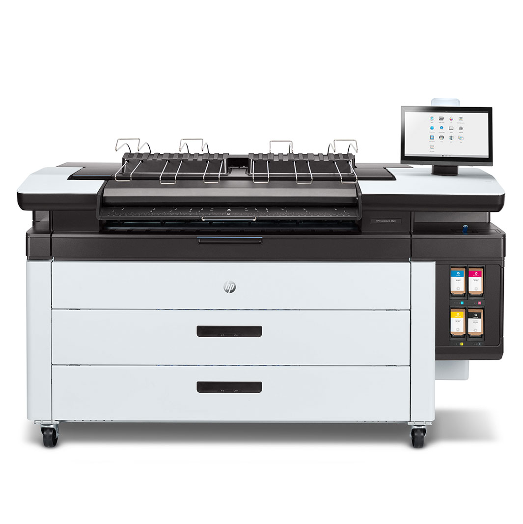 HP PageWide XL 3920 front-facing printer with touchscreen display and visible ink cartridges.