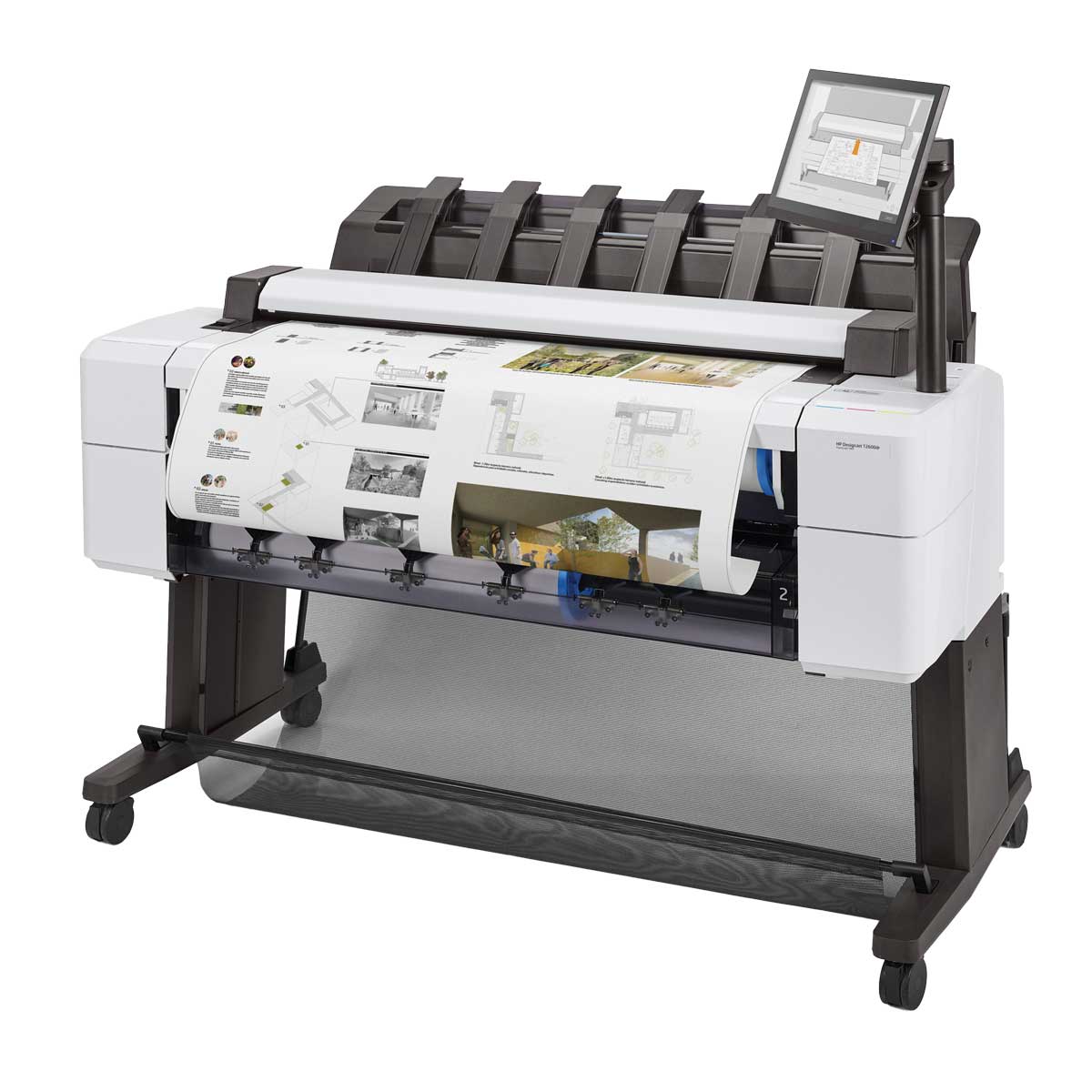 HP DesignJet T2600 left facing view showing dual-roll printer with printed renderings exiting onto integrated stacker.