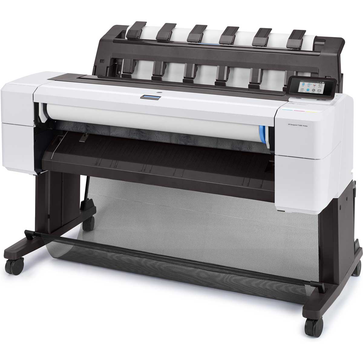 HP DesignJet T1600 left facing angle showing dual roll setup and smart interface screen.