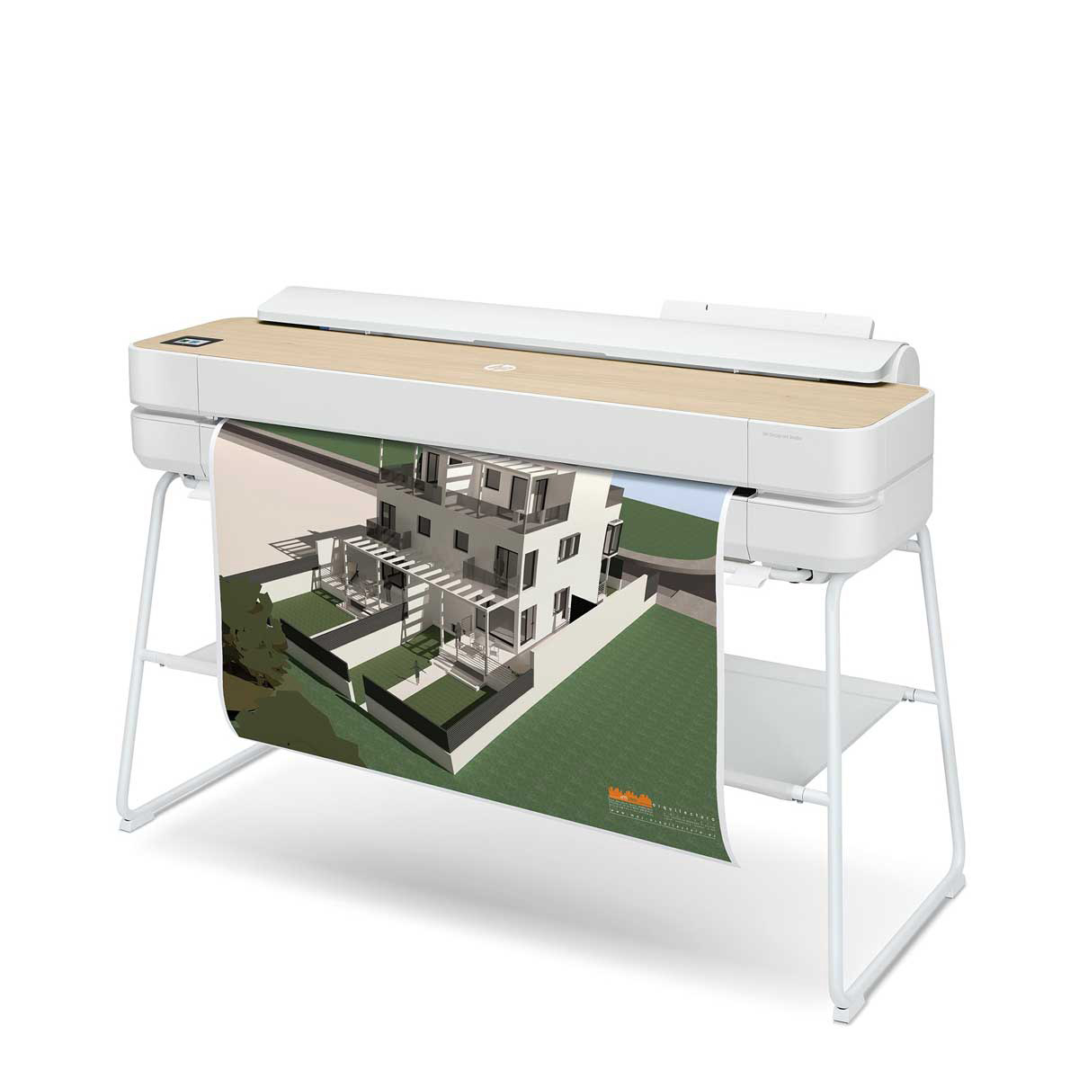 HP DesignJet Studio Printers showcase a modern architectural rendering printed on a sleek white and woodgrain wide-format printer.