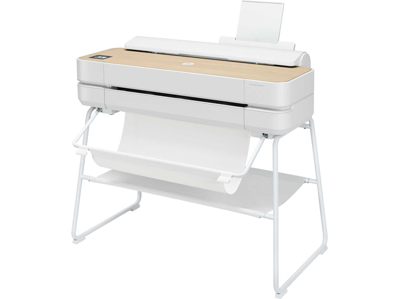 HP DesignJet Studio Printers left-facing view with architectural rendering print output and white minimalist stand.