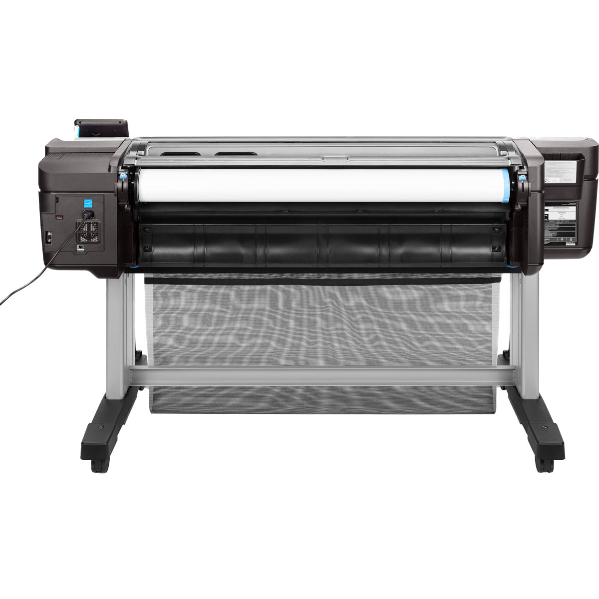 HP DesignJet T1700 rear view highlighting roll feed setup and media path configuration.