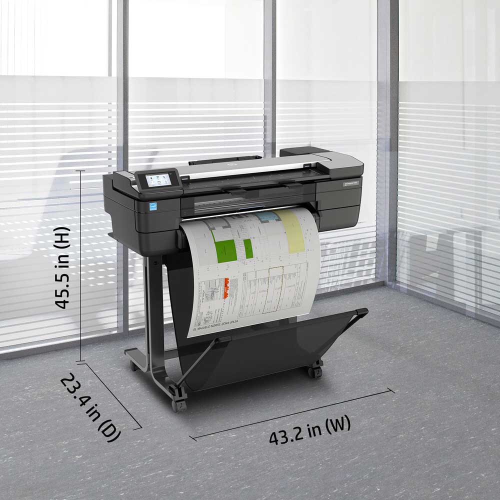 HP DesignJet T830 printer positioned in an office corner with overlay showing its compact dimensions for height, width, and depth