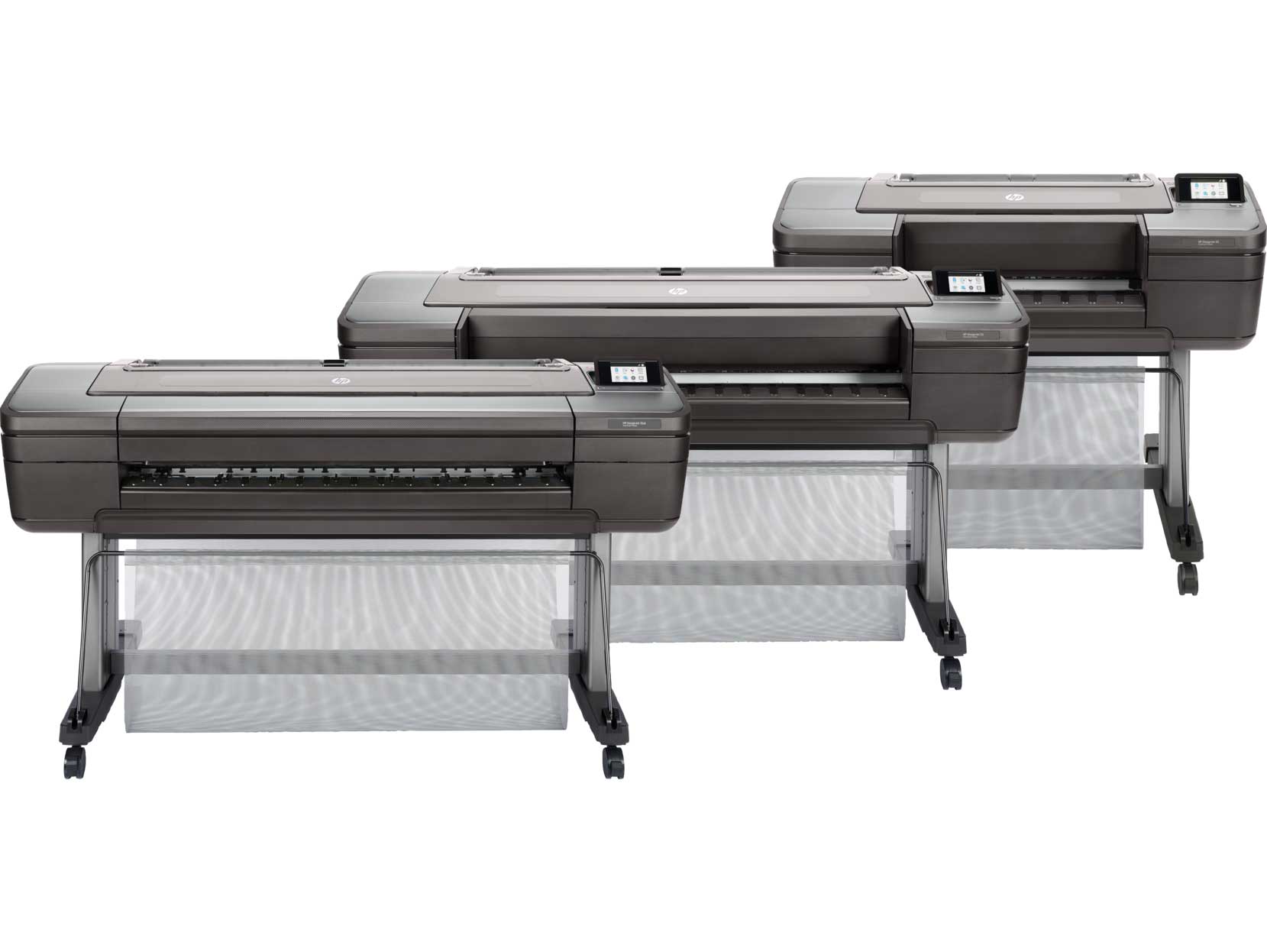 HP DesignJet Z6 wide-format printers shown in three models with modern design and advanced print features.