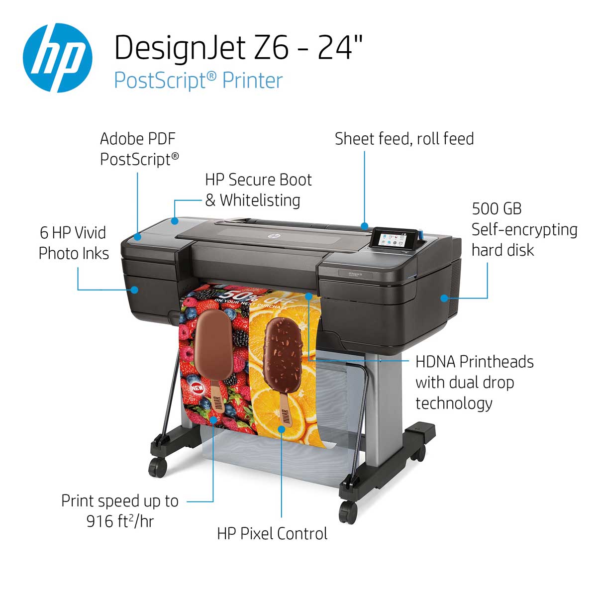 HP DesignJet Z6 24-inch PostScript printer highlights specs including HP Vivid Photo Inks and secure boot.