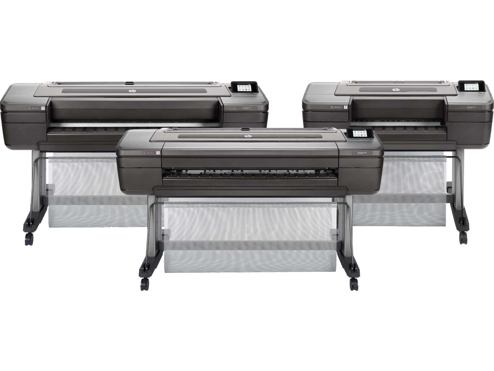HP DesignJet Z9 lineup showcasing three wide-format printer models in a side-by-side comparison.
