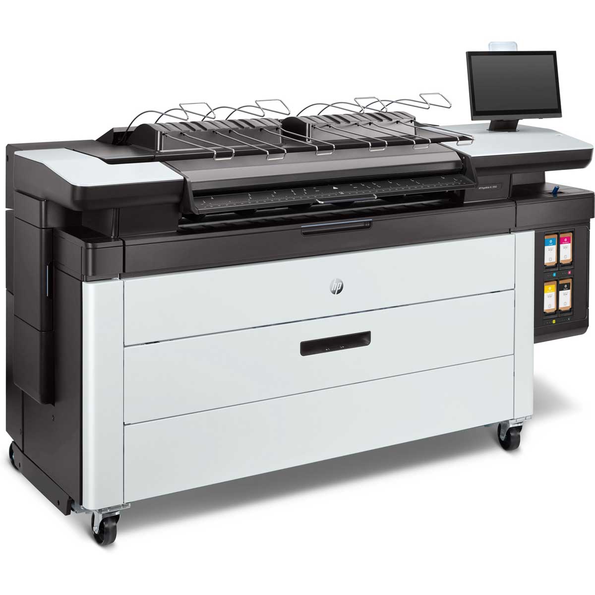 HP PageWide XL 3950 printer right-facing view featuring dual paper drawers, touchscreen interface, and integrated output stacker for large-format color printing.