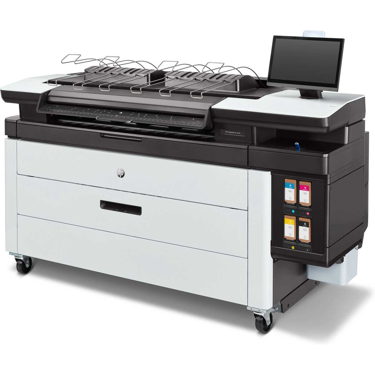 HP PageWide XL 3950 MFP front view labeled with features including 15-inch rotating touchscreen, HP Wolf Pro Security, eco-friendly ink cartridges, and SmartStream support.