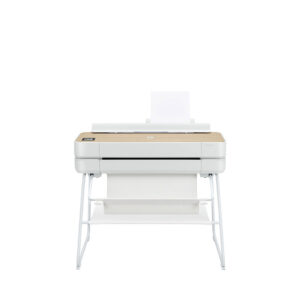 HP DesignJet Studio Printers front-facing view featuring clean white design, touch interface, and paper catch shelf.
