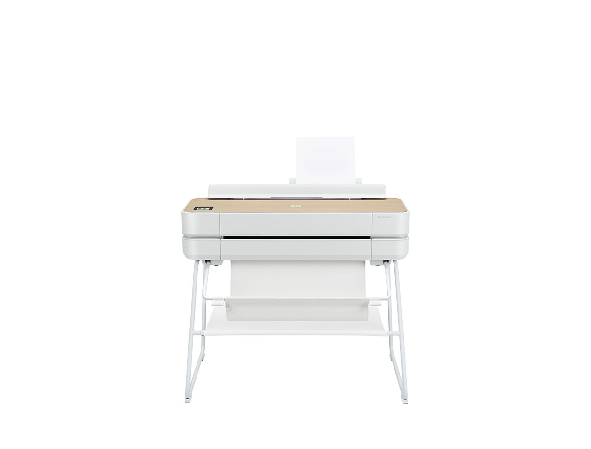HP DesignJet Studio Printers front-facing view featuring clean white design, touch interface, and paper catch shelf.