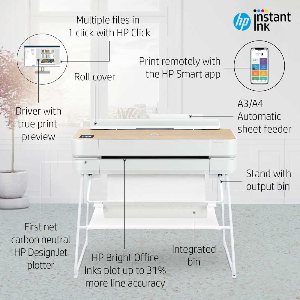 HP DesignJet Studio Printers front-facing labeled view showcasing carbon neutral design, HP Smart app, A3/A4 feeder, and integrated bin on white frame.