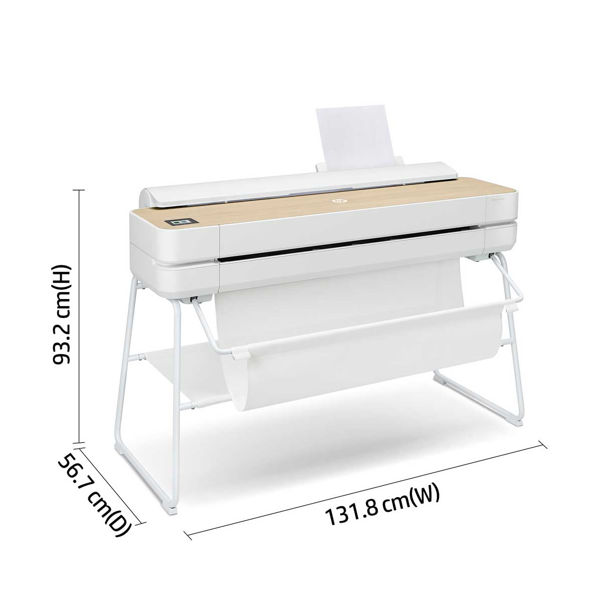 HP DesignJet Studio Printers angled view with labeled dimensions showing width, depth, and height on white stand with paper roll and A3/A4 sheet feeder.