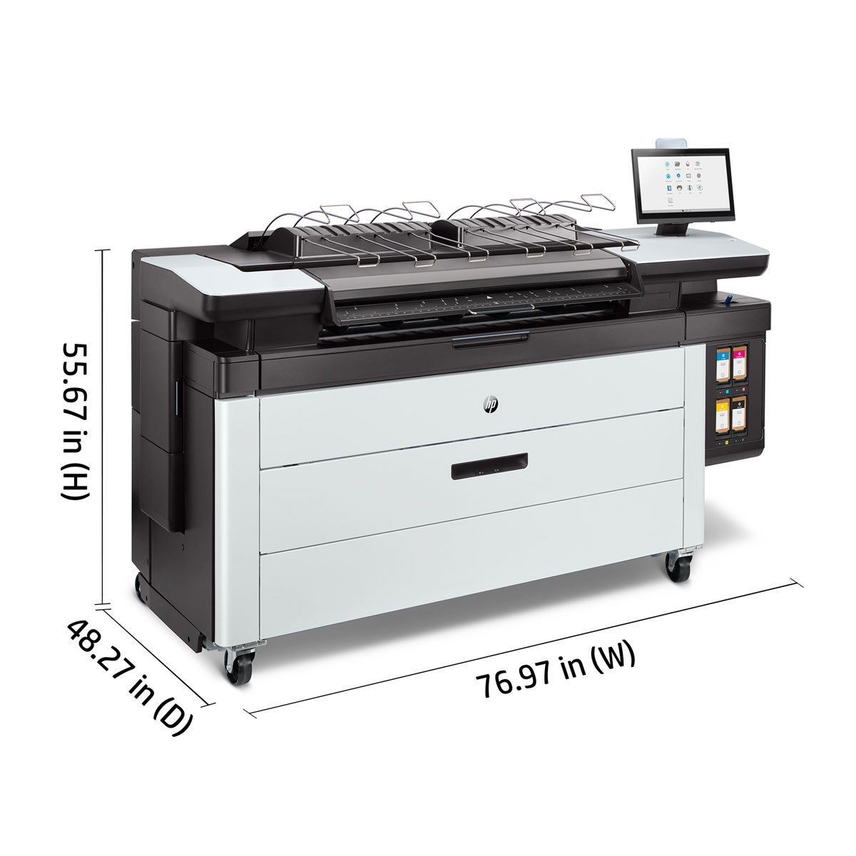 HP PageWide XL 4200 MFP Dimensions shown in a labeled graphic with height of 55.67 in, width of 76.97 in, and depth of 48.27 in, alongside touchscreen display.