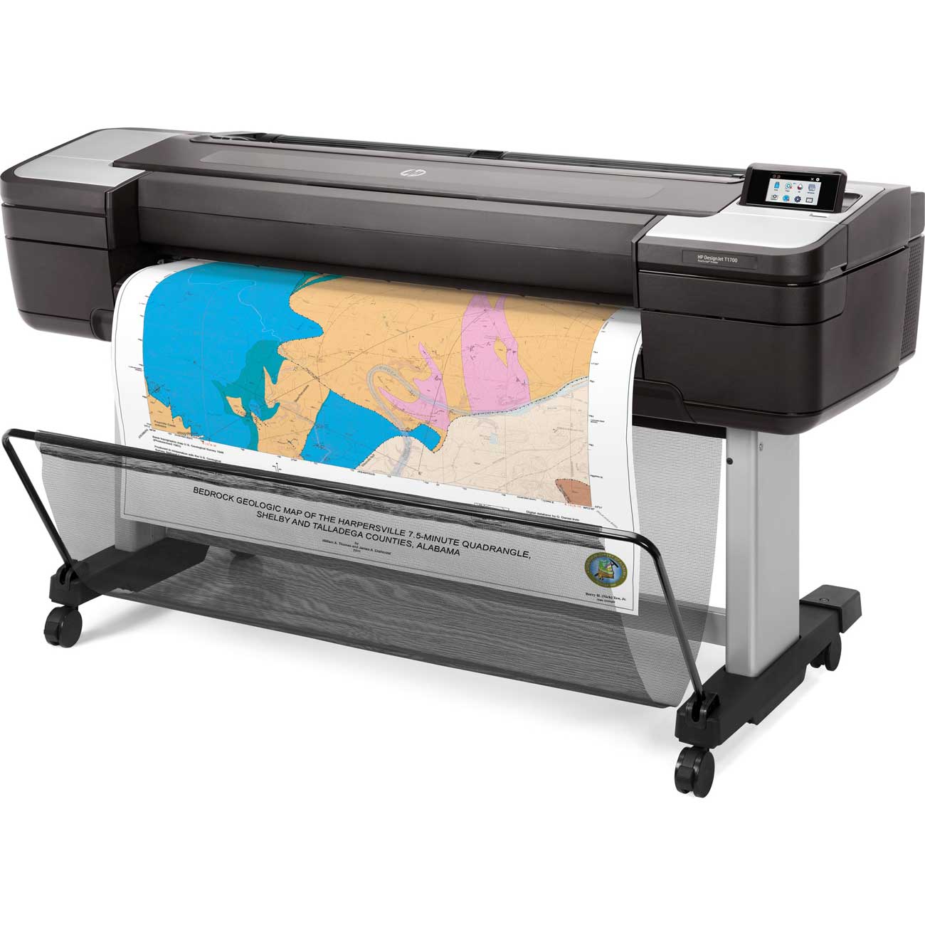 HP DesignJet T1700 left-angled view printing a colorful geologic map with catch basket extended.