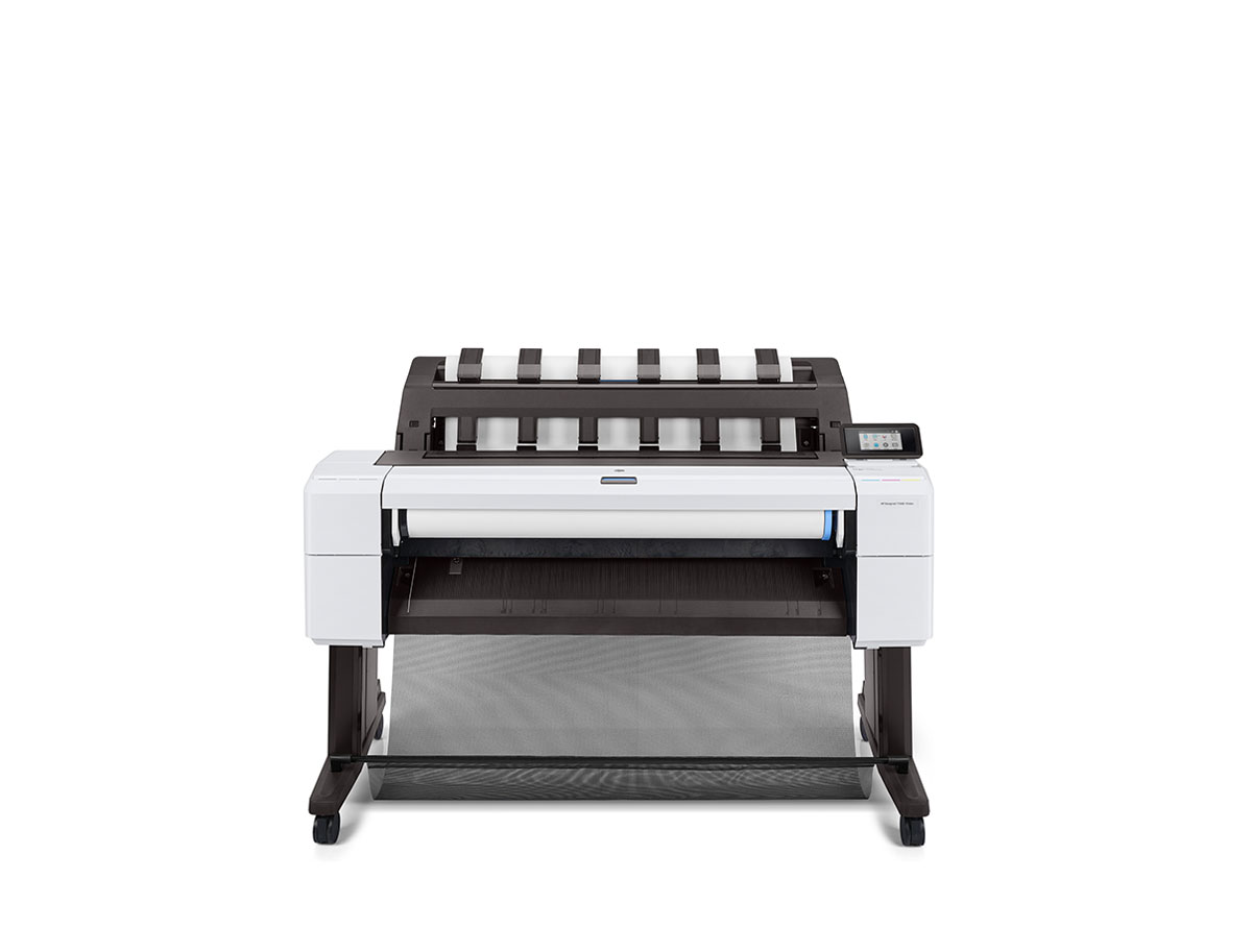 HP® DesignJet® T1600 Printer front-facing view with integrated output stacker, touchscreen panel, and wide-format roll-fed design for professional CAD printing.